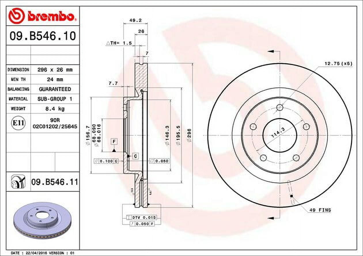 Brembo 09.B546.11 BRAKE ROTORS Fits select: 2012 NISSAN ALTIMA S, 2013 NISSAN ALTIMA 3.5S/3.5SV/3.5SL