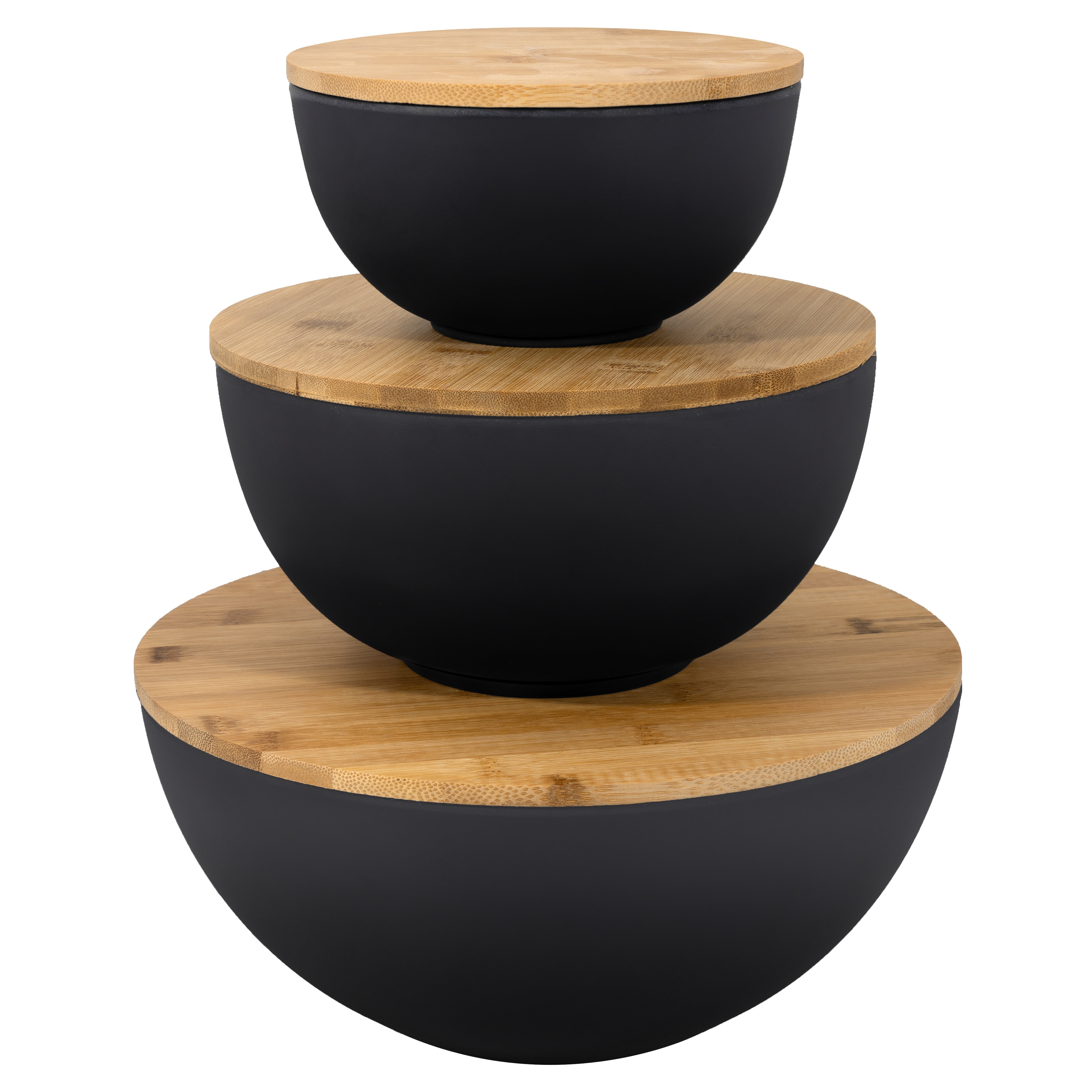 Bremel Decorative Round Kitchen Salad Bowl Set, Large 3 Black Wooden