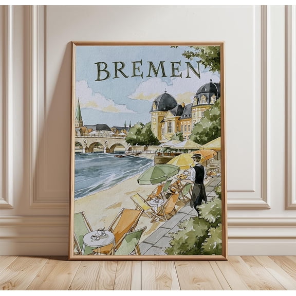 Bremen Riverside Travel Cafe City Print Architecture Wall Art, Unframed Paper Print