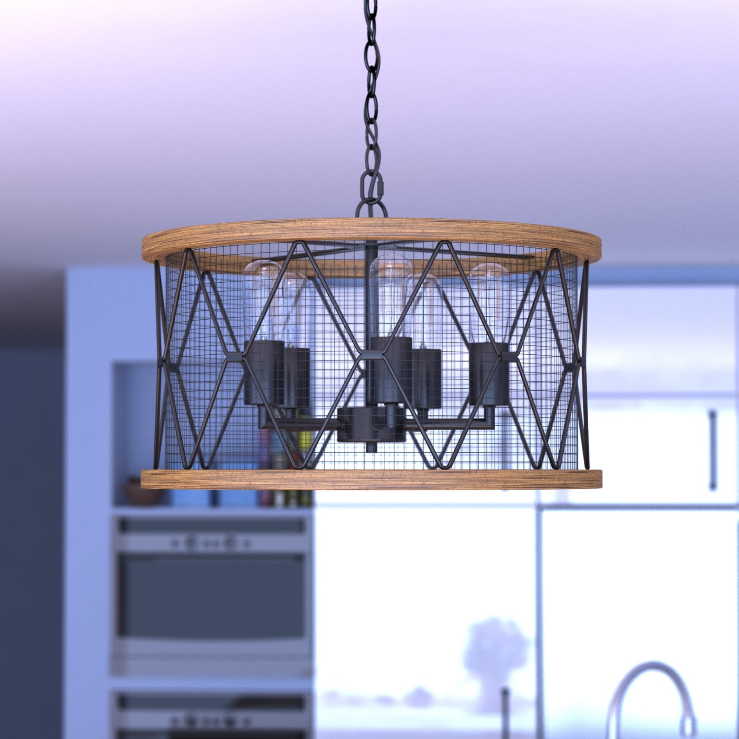 Bremerton 20" Bronze Cage Drum Chandelier with Burnished Teak Accents