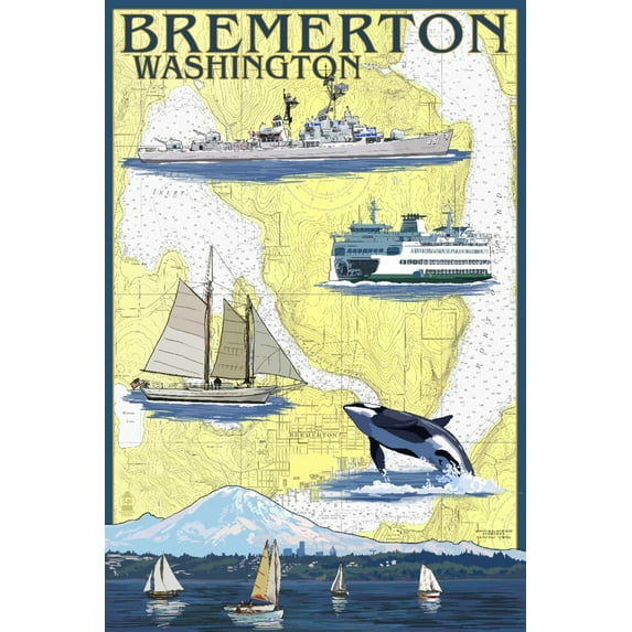 Bremerton, Washington, Nautical Map (9x12 Wall Art Print, Home Decor)