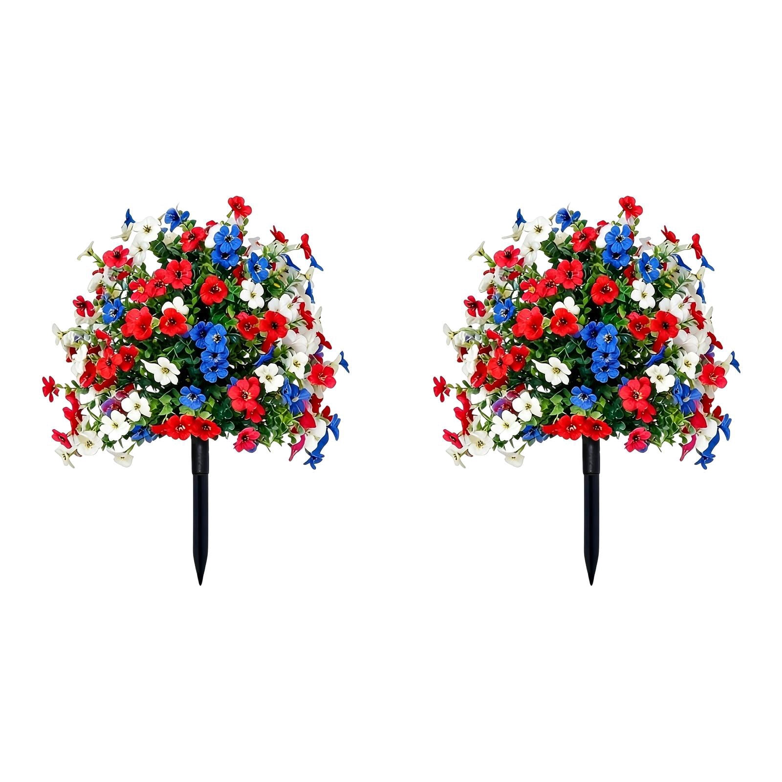 Brenberke 2Pcs 17" Patriotic Artificial Flowers with Ground Spike, UV Resistant Red White Blue Faux Silk Flowers, No Fade Outdoor Grave Garden Porch Decor for 4th of July Memorial Day Veterans Day