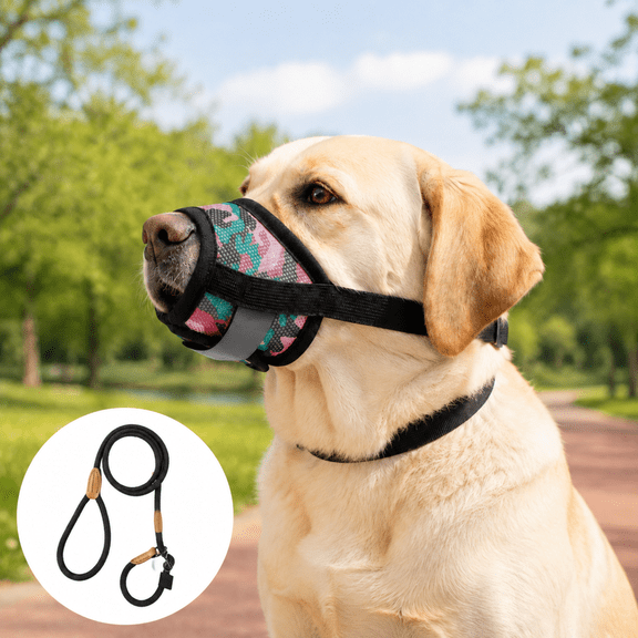 Brencavio 1 set Nylon Dog Muzzle, Durable Slip Lead Dog Leash 6 ft, Adjustable Quick-Release for Large Breeds, Red/Black