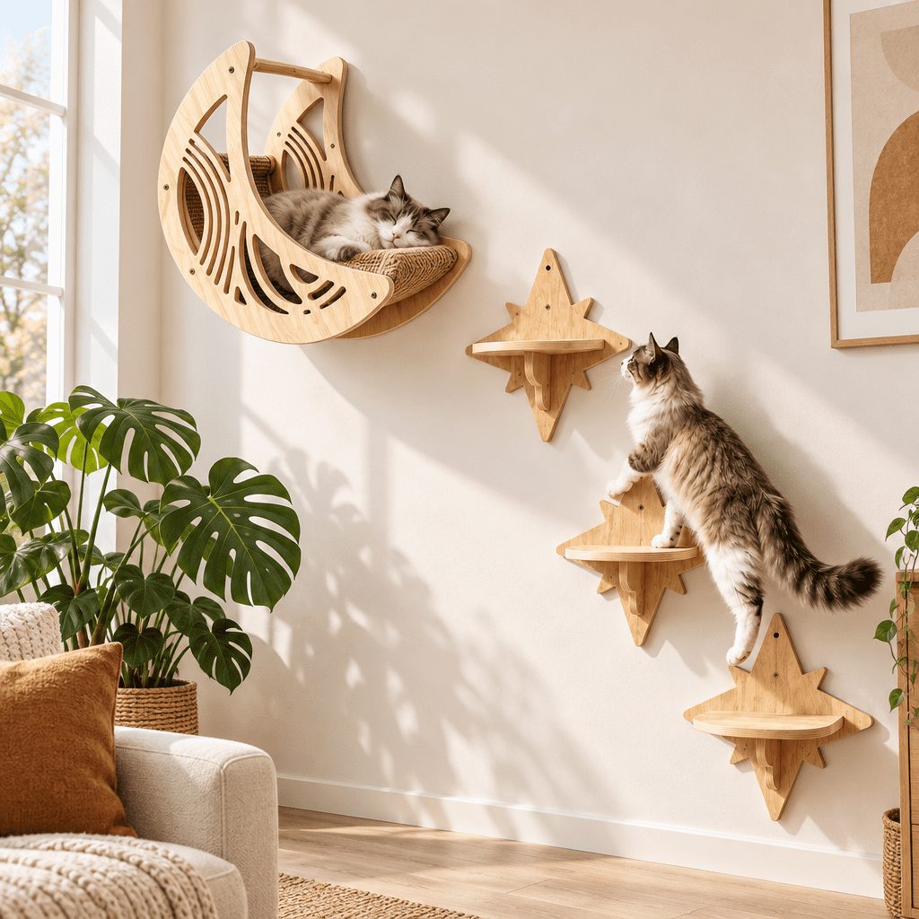 Brencavio 4 Pieces Solid Wood Wall Cat Shelves, Star-Moon Shaped Cat ...