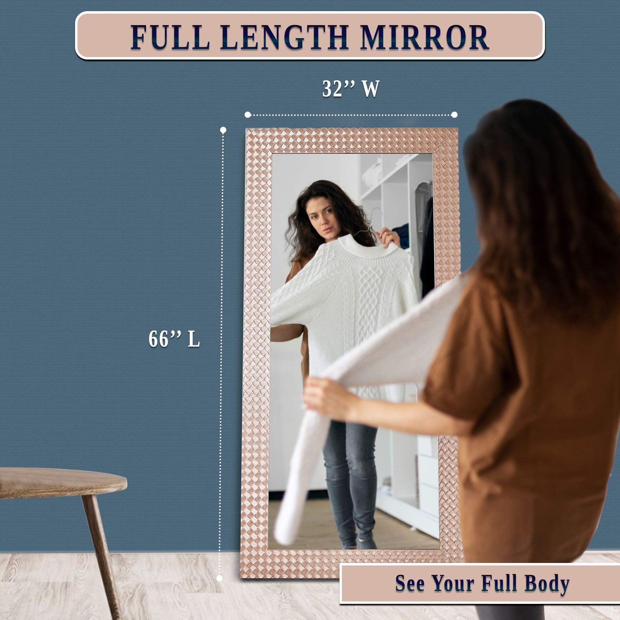 Brenda Glam Beaded Framed Leaner Mirror, Full Length Mirror for Home, 66"L X 32"W Full Body Mirror For Bedroom, Large Mirror With Faux Wood Frame, Wall Mirror/Floor Mirror For Living Room-Rose Gold