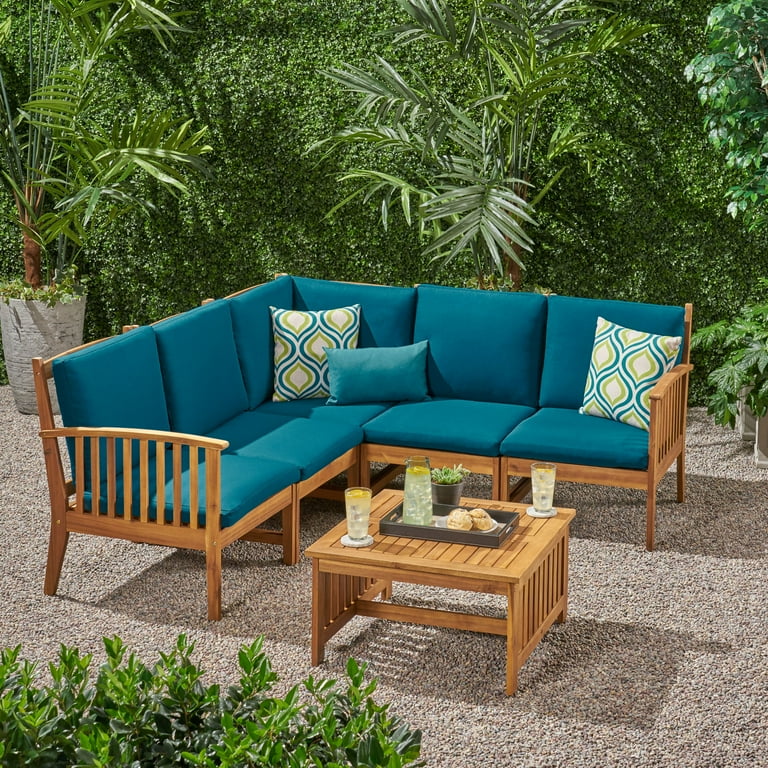 Brendon Outdoor 5 Seater Acacia Wood Sofa Sectional Set Brown and Dark Teal