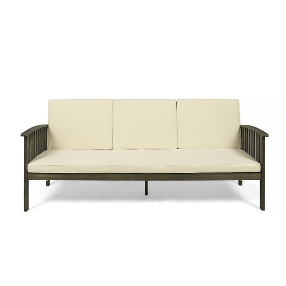 Brendon Outdoor Acacia Wood Sofa with Cushions, Gray, Cream