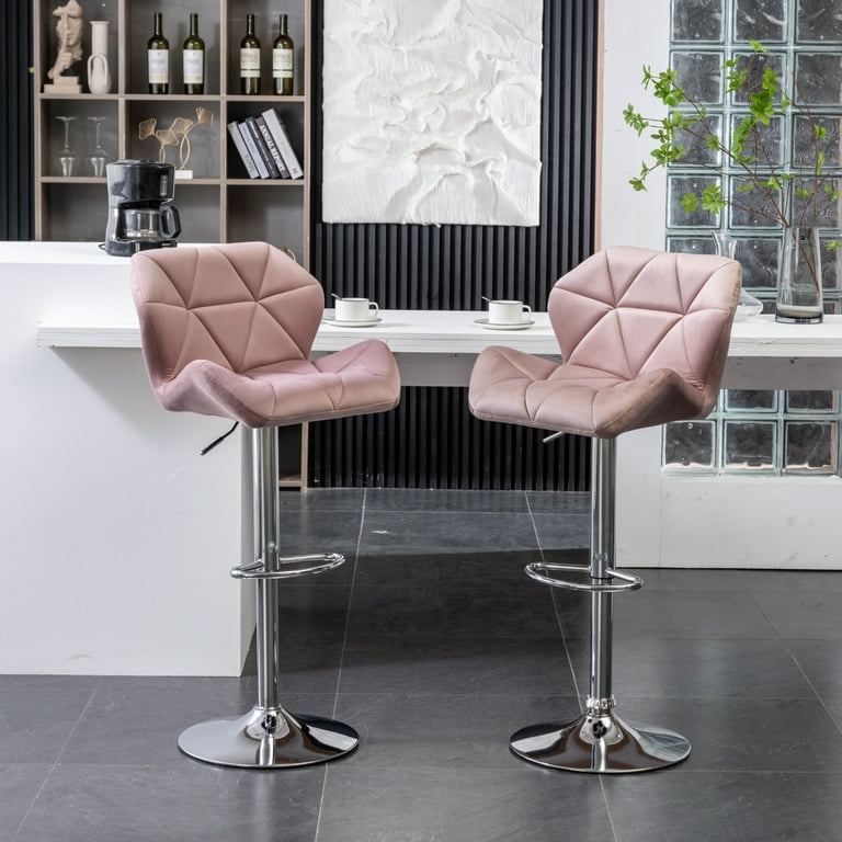 Breni Velvet Diamond Tufted Swivel Adjustable Height Barstool Set of 2 in Mauve