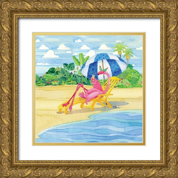 Brent, Paul 20x20 Gold Ornate Wood Framed with Double Matting Museum Art Print Titled - Deck Chair Flamingo