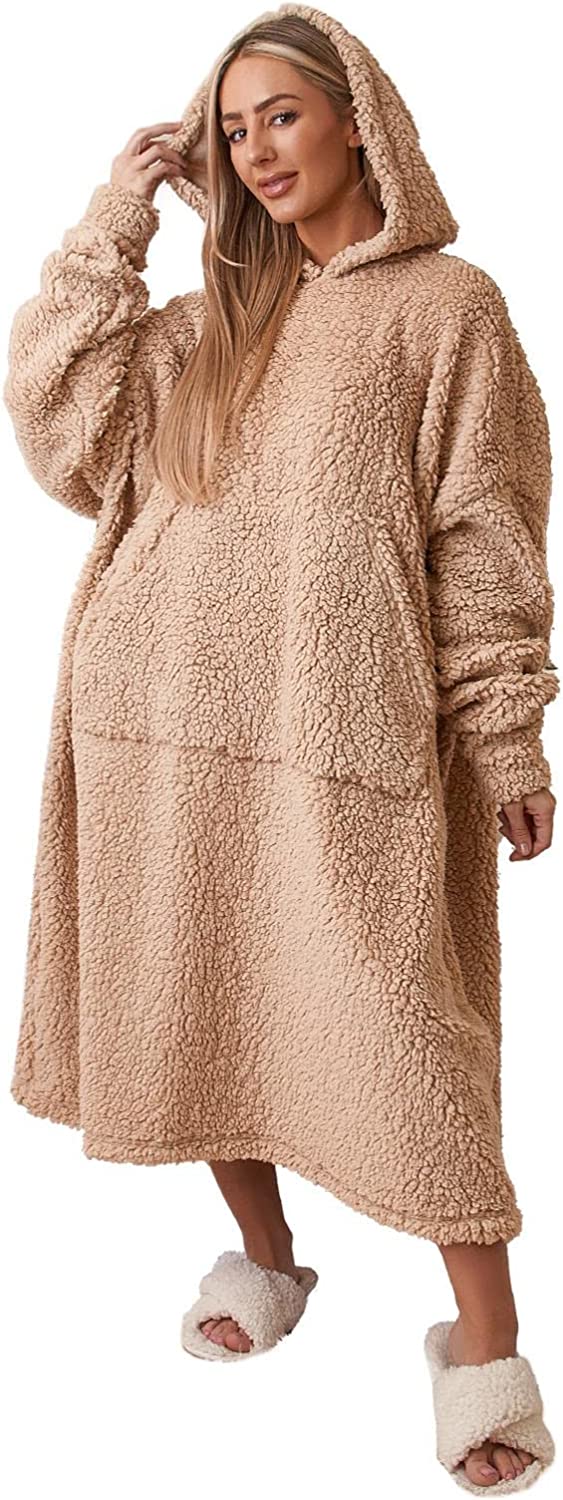 Brentfords Extra Long Teddy Fleece Blanket Hoodie Oversized for Women