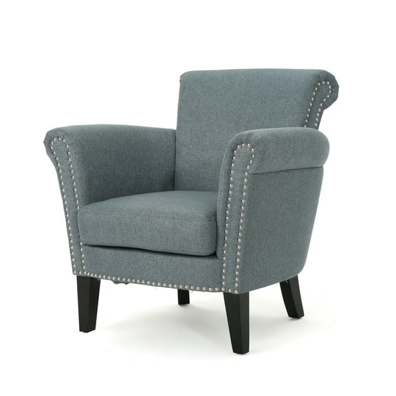 Brently Vintage Scroll Arm Studded Fabric Club Chair, Steel Blue and Expresso