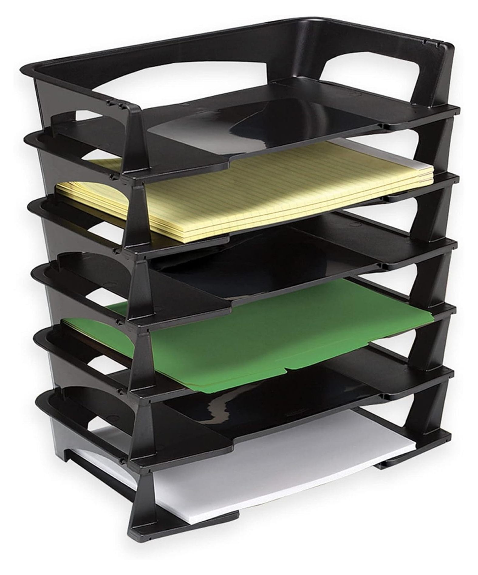 Black Plastic Stackable Letter Size Desk Trays, Pack of 6