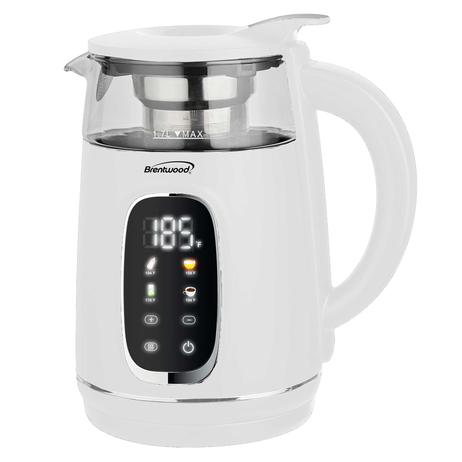 Brentwood 1,100-Watt 1.7-L Cordless Digital Glass Electric Kettle with Tea Infuser (White), KT-2018DW