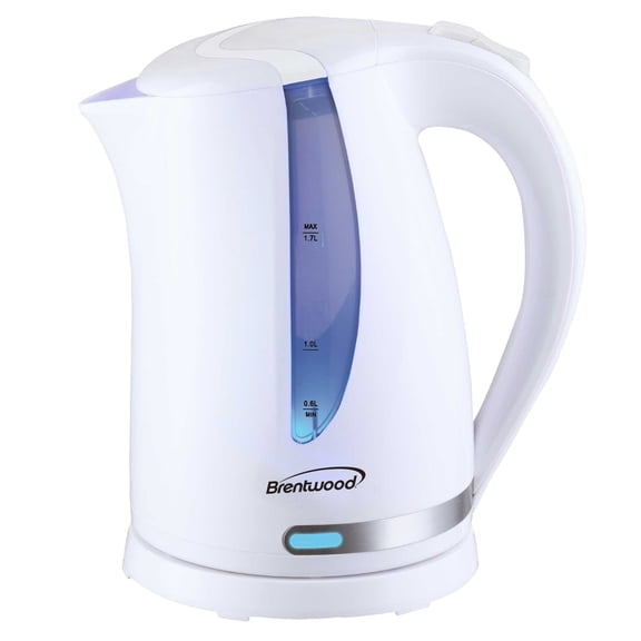 Brentwood 1,100-Watt Cordless Electric Kettle with Concealed Stainless Steel Heating Element, 360° Base, Auto Shutoff, and Boil-Dry Protection (1.7 L; White), KT-1616W