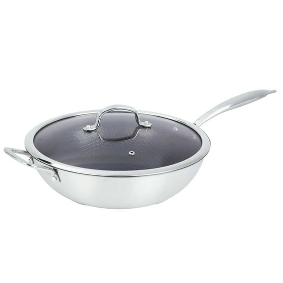 Brentwood 12-In. 4.2-Qt. 3-Ply Hybrid Non-Stick Stainless Steel Wok with Glass Lid