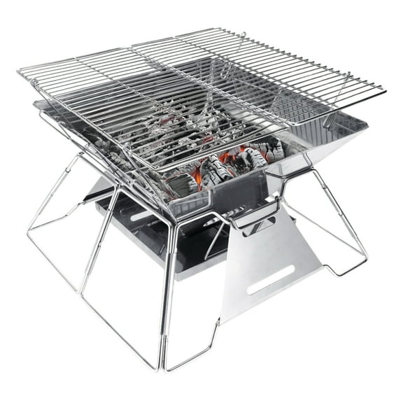 Brentwood 14-In. x 14-In. Stainless Steel Portable Folding Charcoal BBQ Grill and Outdoor Fire Pit with Carry Bag, BB-4X14SS, BB-4x14SS
