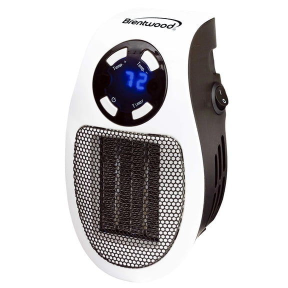 Brentwood 350W Plug-In Wall Outlet Personal Space Heater in White with Adjustable Temperature and Timer
