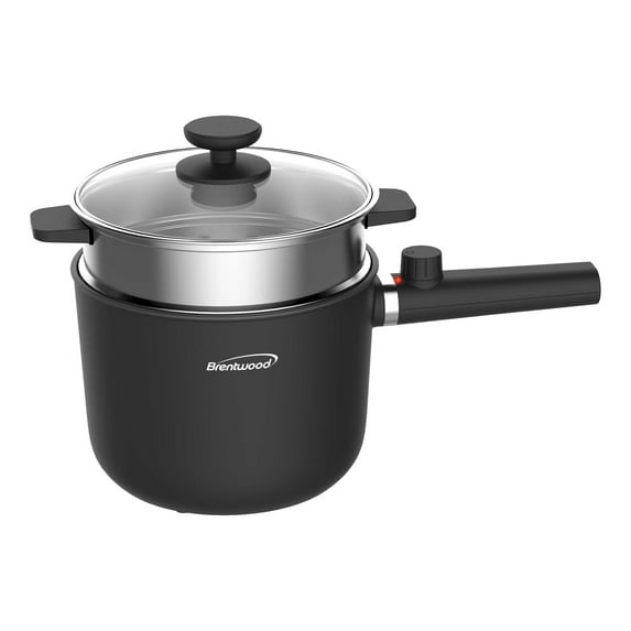 Brentwood 600-Watt 1.6-Qt. Multifunction Electric Hot Pot Cooker with Ceramic Non-Stick Ceramic Coating and Stainless-Steel Food Steamer, Black, HPS-3150BK