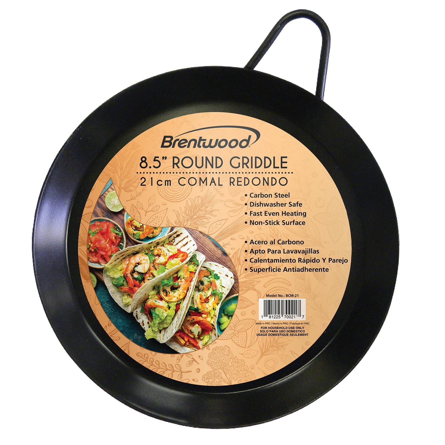 Brentwood 8.5'' Black Carbon Steel Non-Stick Round Griddle