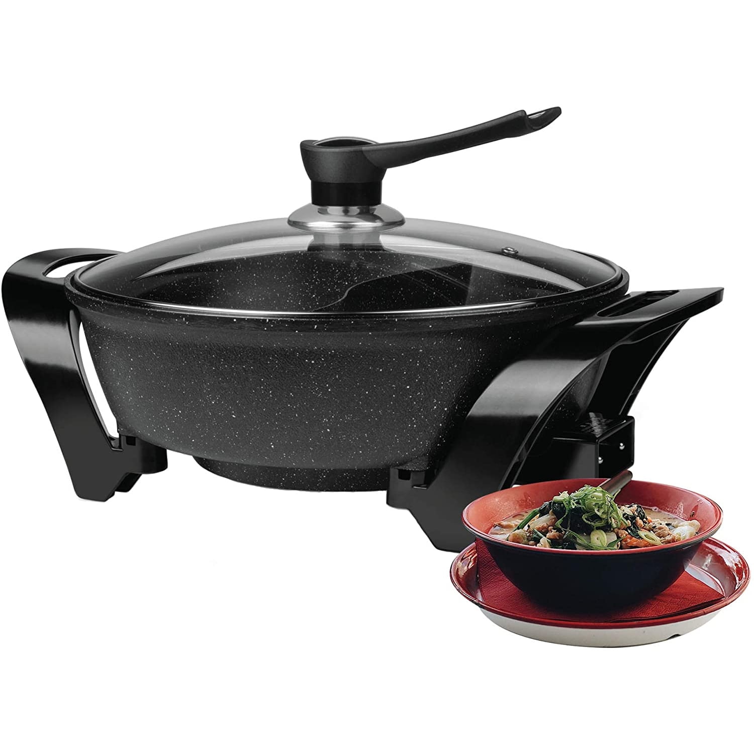 Black Electric Non-Stick Shabu Shabu Hot Pot with Glass Lid