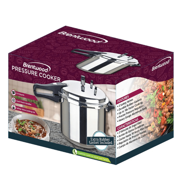 Brentwood BPC-105 Aluminum Pressure Cooker 5.5L Stovetop Cooker with 3 Safety Valves, Pressure Regulator, Dual Grip Handles, Silver