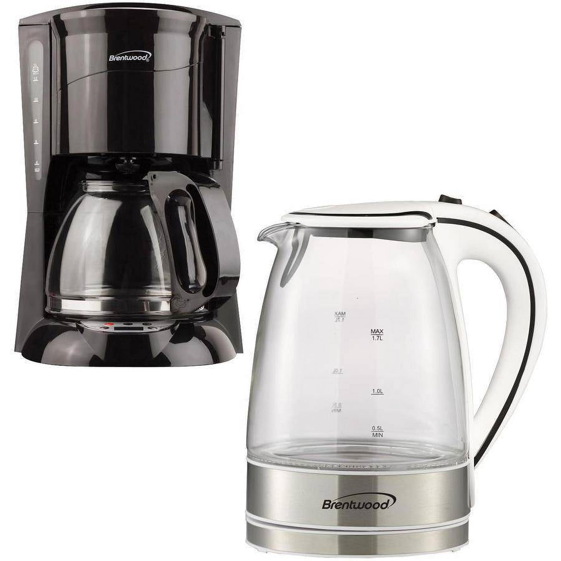 Brentwood KT-1900W 1.7L Glass Electric Kettle and Brentwood TS-218B 12-Cup Coffee Maker