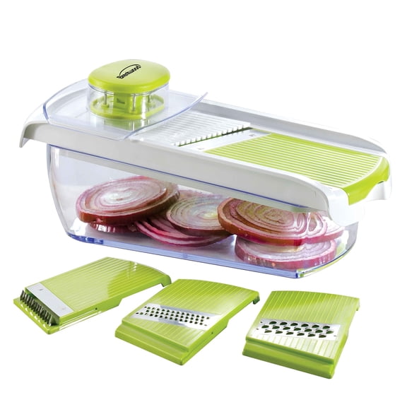 Brentwood Mandolin Slicer with 5 Cup Storage Container and 4 Interchangeable Stainless Steel Blades in Green