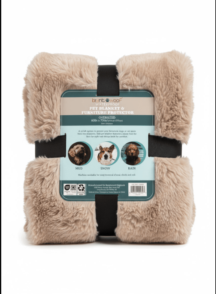 Brentwoof Oversized Waterproof Pet Blanket and Furniture Protector, 60x70, Reversible Plush Throw, Taupe
