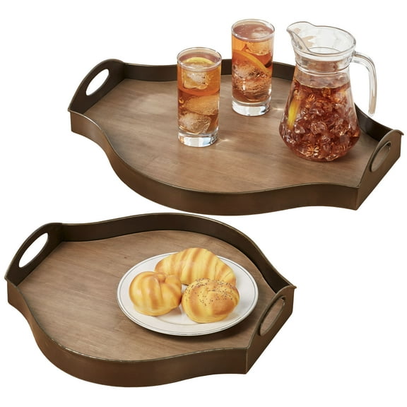 Breslin Serving Trays Metal And Natural Oak Bronze Set of Two Set of 2