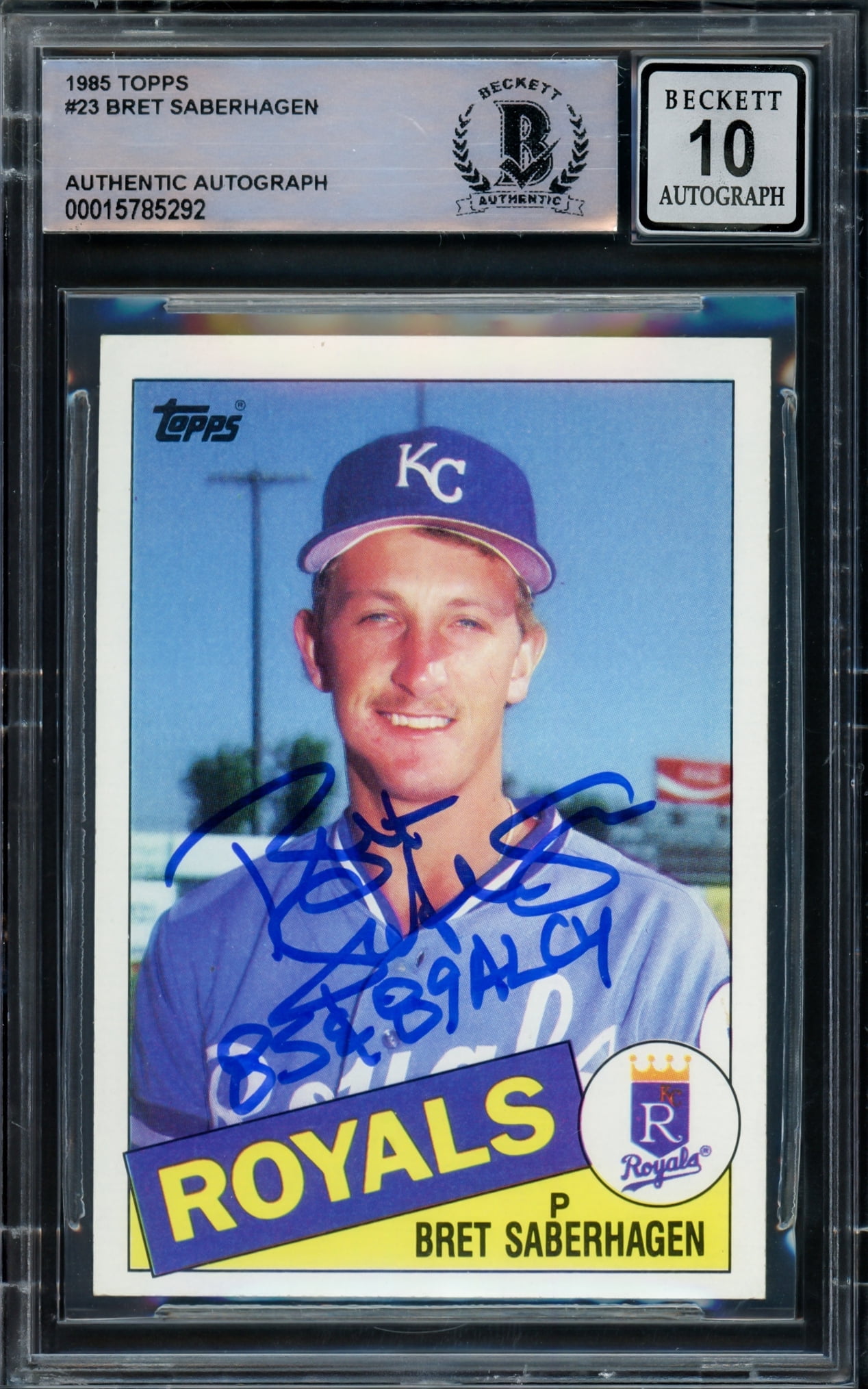 Bret Saberhagen Autographed 1985 Topps Rookie Card #23 Kansas City Royals Auto Grade Gem Mint 10 "85 & 89 AL CY" Beckett BAS 216709