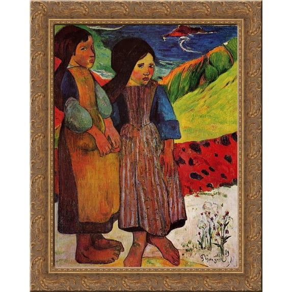 Breton Girls by the sea 24x20 Gold Ornate Wood Framed Canvas Art by Paul Gauguin