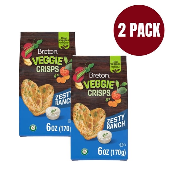 Breton Veggie Crisps Zesty Ranch, 6 oz Bag (Pack of 2) Popped Not Fried, Gluten-Free Vegetable Chips made with Real Yellow Peas, Beets, and Sweet Potato
