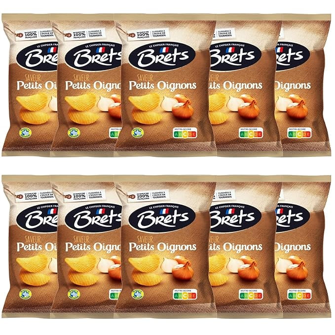 Brets Potato Chips, Petit Onions Flavor, Crinkle Cut, 125g (4.4 oz), 10-Pack Case, Gluten-Free, Made with 100% French Potatoes, No Preservatives, No Added MSG, Made in France