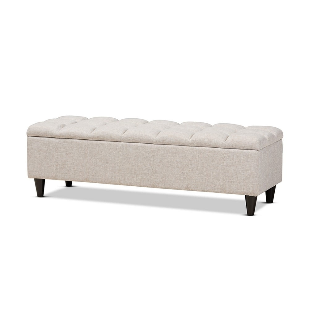 Beige Tufted Fabric Storage Bench with Dark Wood Legs