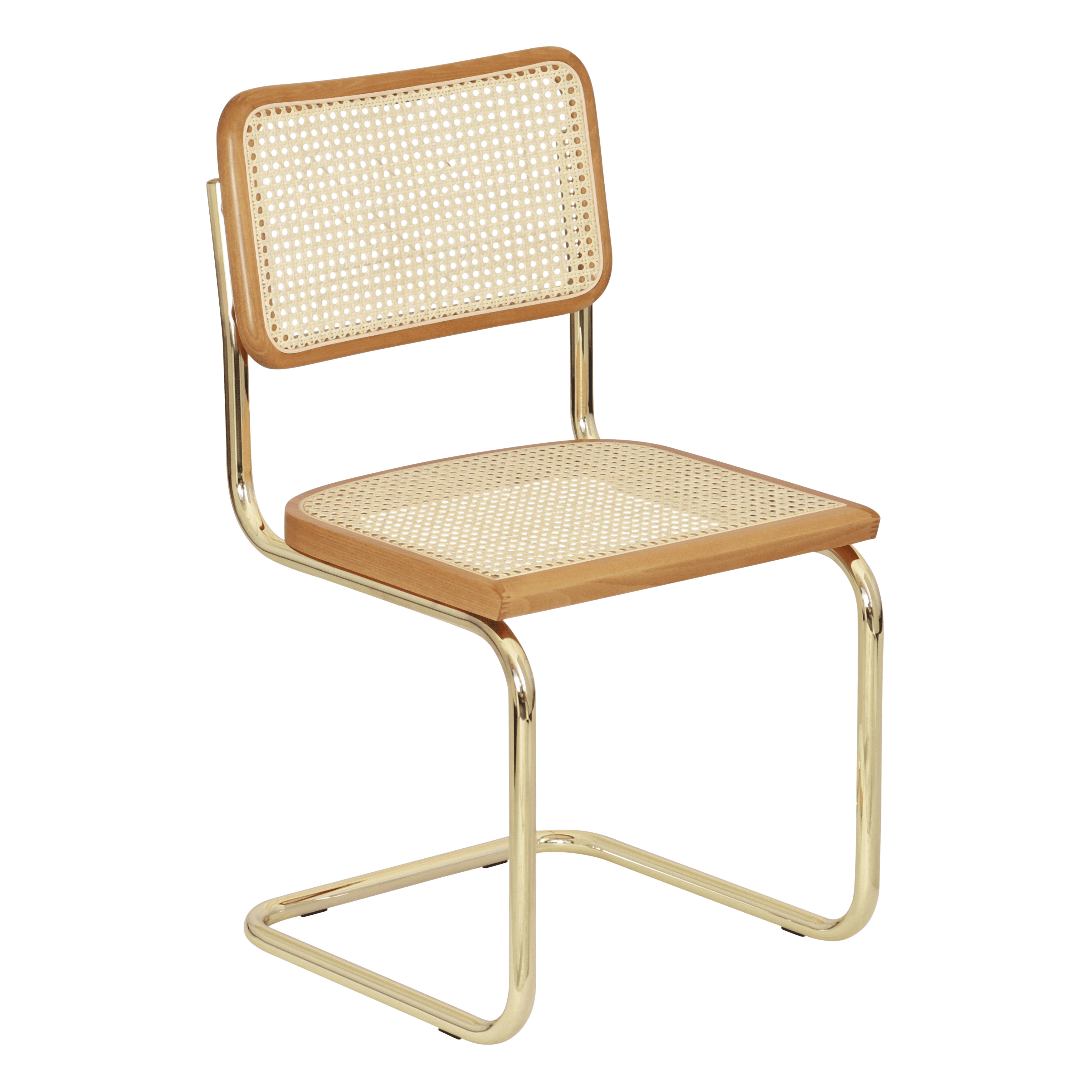 Honey Oak and Natural Cane Brass Cantilever Side Chair