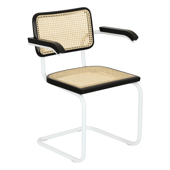 Breuer Chair Company Marcel Breuer B64 Cesca Cane Cantilever Armchair Arm Chair w/ White Steel Frame Black Wood & Natural Cane (Made in Italy) by Furnish Theory
