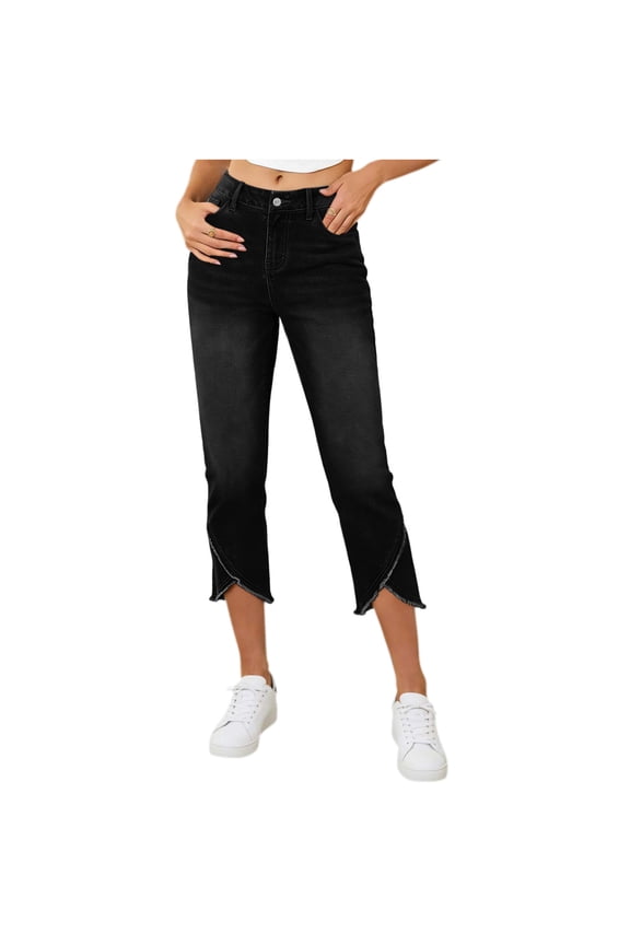 Womens Cropped Jeans, Stretchy Slim Fit with Pockets High Rise Spring Summer Fashion Capri Jeans Black XL