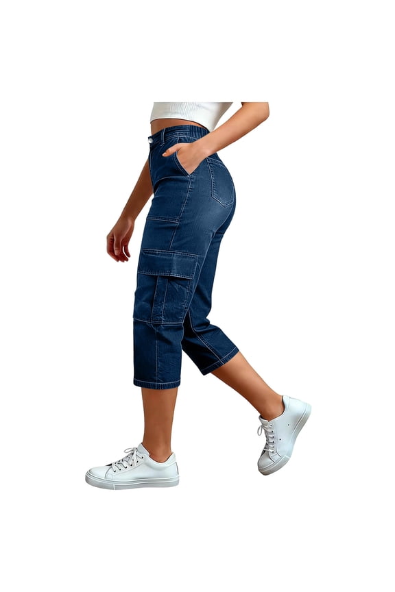 Womens Straight Leg Jeans, Comfort Stretchy High Waisted Trendy Multi-Pocket Spring Summer Capri Denim Pants Dark Blue S