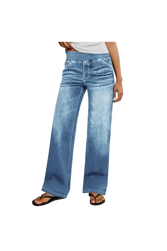 Womens Wide Leg Jeans, with Pockets Trendy Stretchy Elastic Waist Loose Fit Vintage Denim Pants Light Blue 2XL