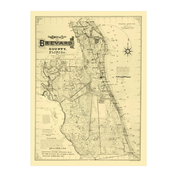 Brevard County Florida Art, 1893 Vintage Map of Brevard County FL History Wall Decor Gift, Old Brevard County FL Map - 18" x 24" Unframed Print