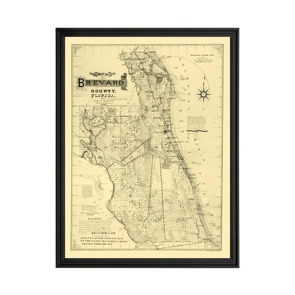 Brevard County Florida Art, 1893 Vintage Map of Brevard County FL History Wall Decor Gift, Old Brevard County FL Map - 24" x 36" Black Framed Print