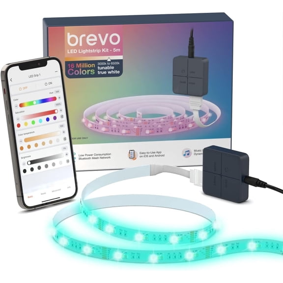Brevo RGBWW Bluetooth Mesh Smart LED Strip Light - 5m/ 16.4ft, 16 Million Colors, 3000k to 6500k Tunable White, App-Enabled, Music Sync JDW6CR36W