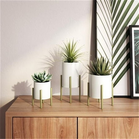 Brevyn Small Mid Century Modern Planters, White & Gold - Set of 3