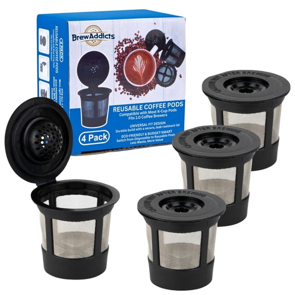Brew Addicts Reusable Coffee Filters Black, 4-Pack Refillable Pods with Stainless Steel Mesh Compatible with Keurig 1.0 Coffee Makers