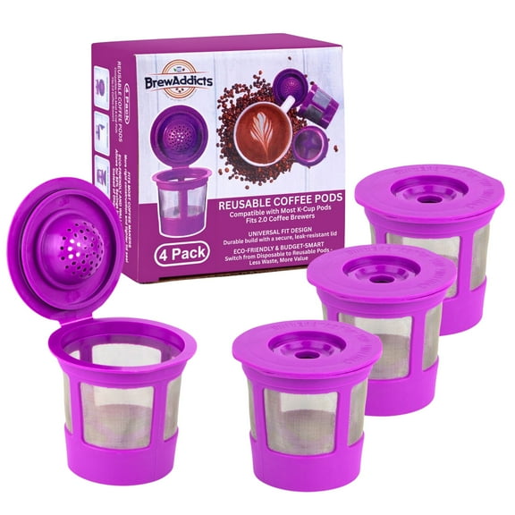 Brew Addicts Reusable Coffee Filters  Purple, 4-Pack Refillable Pods with Stainless Steel Mesh  Compatible with Keurig 2.0 Coffee Makers
