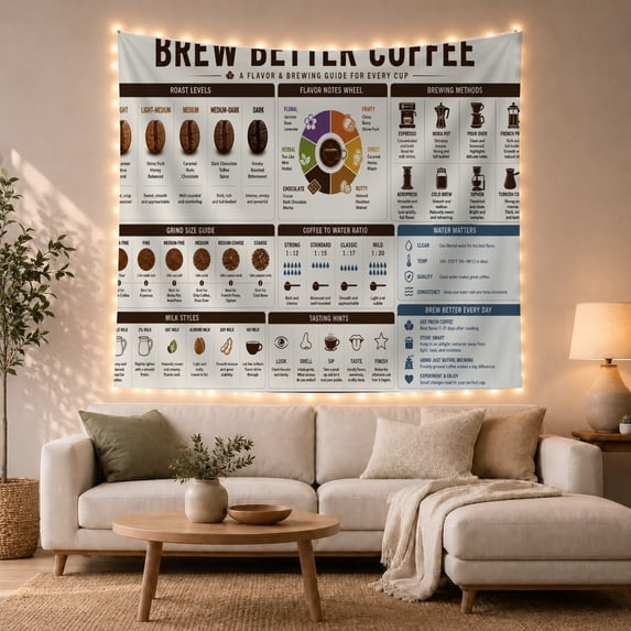 Brew Better Coffee Guide on White Background, Cozy Illustration for Coffee Lovers, Kitchen Wall Decor, Housewarming Gift, Tapestry Wall Hanging for Kitchen and Office