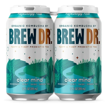 Brew Dr. Kombucha Organic Clear Mind 12 fl oz 4 pack cans with Green Tea