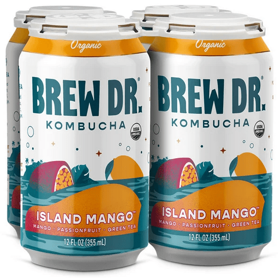 Brew Dr. Kombucha Island Mango, Organic Kombucha — 12 fl oz Cans, 4 Pack