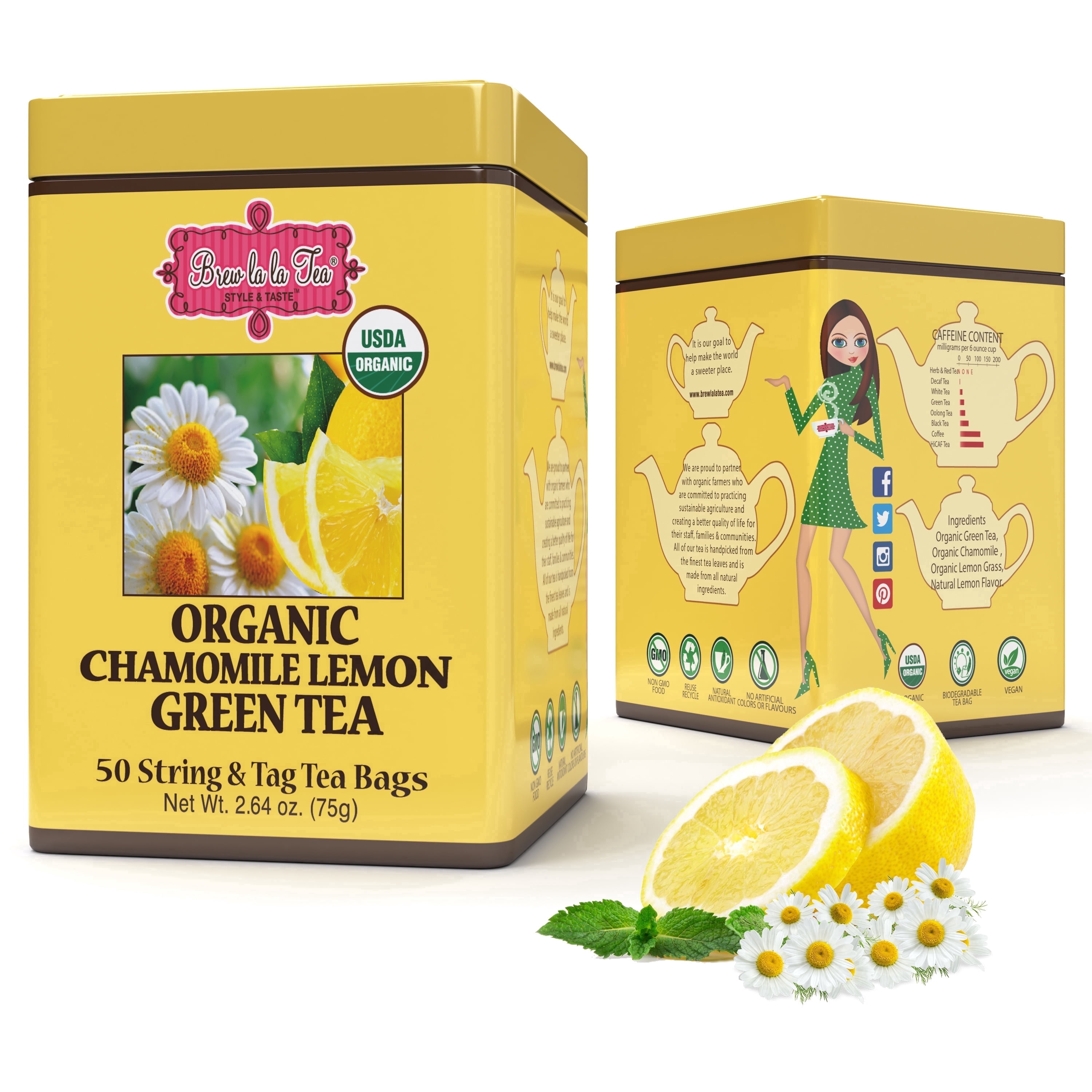 Brew La La Organic Green Tea - Natural Chamomile Lemon Flavor - 50 Tea Bag Tin - Low Caffeine - USDA Certified Organic