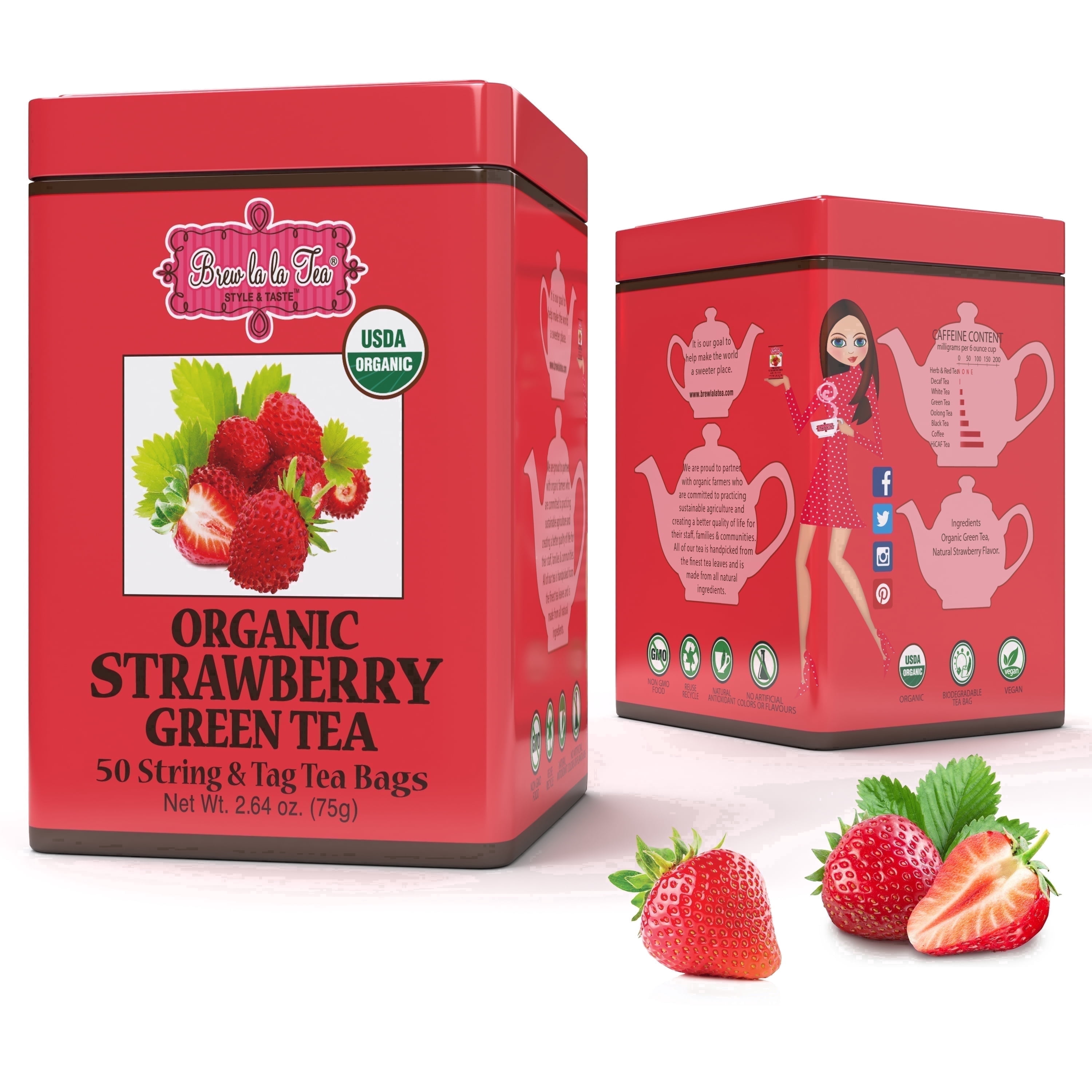 Brew La La Organic Green Tea - Natural Strawberry Flavor - 50 Tea Bag ...